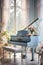 Grand piano in a Shabby chic bedroom interior, empty vintage room with elegant retro furniture