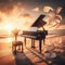 Grand piano sitting on a beach, ready to play, with sheet music floating around