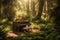 Grand piano sitting in lush calm green forest with the sun. Abstract surreal music background. AI generated