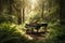 Grand piano sitting in lush calm green forest with the sun. Abstract surreal music background. AI generated