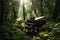 Grand piano sitting in lush calm green forest with the sun. Abstract surreal music background. AI generated