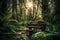 Grand piano sitting in lush calm green forest with the sun. Abstract surreal music background. AI generated