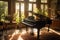 Grand piano sitting in the middle of elegant living room. AI generated.