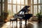 Grand piano sitting in the middle of elegant living room. AI generated.