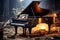 A grand piano sitting on top of a pile of rubble. Generative AI image.
