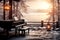 The grand piano on the wood pier in winter season with lake and snow mountains sunset background, Generative AI