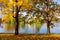 Grand pond in autumn in Catherine park, Pushkin, Saint Petersburg, Russia