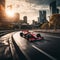 Grand Prix racing car speeding through city road