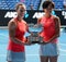 Grand Slam champions Samantha Stosur of Australia (L) and Zhang Shuai of China during trophy presentation after 2019 AO