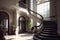 a grand staircase leading to the entrance doors, with views of the lobby visible through large windows