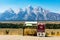 Grand Teton interpretive and drones prohibited warning signs. View of majestic peaks of Teton Mountain Range - Grand Teton