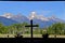 Grand Teton Mountains view through the window of Chapel of the Transfiguration. Grand Tetons National Park