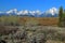 Grand Teton National Park, Mount Moran and Teton Range behind Willow Flats and Jackson Lake, Rocky Mountains, Wyoming, USA