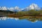 Grand Teton National Park, Rocky Mountains, Mount Moran and Teton Range Reflected in Oxbow Bend of Snake River, Wyoming, USA