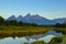 The Grand Teton sunrise reflection at Schwabacher`s Landing in Grand Teton National Park