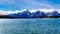 Grand Teton and surrounding mountains in the Teton Mountain Range west of Jackson Lake in Grand Teton National Park