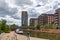 The Grand Union Canal at Greenford Park London UK with a boat on the canal.