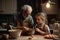 grandchild and grandfather cooking and making dough for cookies