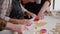 Grandchild using cookies shape making traditional gingerbread dough preparing dessert