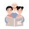 Granddad reading book with grandchildren. Grandfather telling fairytales to his grandson and granddaughter. Portrait of