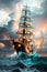 The Grandeur of the Mighty Sailing Ship\\\'s Progress amidst Rolling Waves, Stormy Skies, and a Fiery Sunset. AI generated