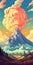 Grandeur Of Scale: A Vivid Comic Book Style Illustration Of A Volcano With Lava And Clouds