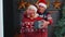 Grandfather covering eyes of old grandmother with surprise Christmas gift present box at home room