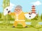 Grandfather fan chinese wushu kungfu taichi fitness china healthy activities adult old age man asian character cartoon