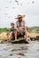 Grandfather fisher in straw hat and little male grandkid enjoying leisure activity use fishing rod