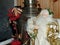 Grandfather Frost Santa Claus, St. Nicholas, Joulupukki with gifts on the background of Russian samovars. Symbol of New year