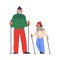 Grandfather and granddaughter doing nordic walking, flat vector illustration isolated on white background.