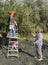 A grandfather, grandma and a little girl - granddaughter collect olives in an olive garden on an island in Greece