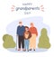 Grandfather, grandmother standing with grandchild. Embracing granddad, grandma and grandson holding bouquet of flowers