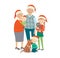 Grandfather and grandmother with three grandchildren in red Christmas hat. Christmas family portrait. Cartoon vector