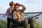 grandfather with grandson on fishing, have talk, fun. family enjoy having spare time in nature