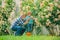 Grandfather and grandson. Old and Young. Concept of a retirement age. Gardening activity with little kid and family