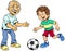 Grandfather with grandson playing soccer.