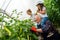 Grandfather growing organic fresh vegetables with grandchildren and family at family farm