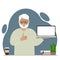 A grandfather holds a laptop computer on his hand and shows a thumbs up sign. Laptop computer technology concept. Vector