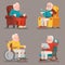 Grandfather Old Man Characters Sit Sleep Web Surfing Read Armchair Wheelchair Adult Icons Set Cartoon Design Vector