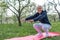 Grandfather pensioner. Active sport workout for old person. Sport and retirement concept. Senior man exercising on pink