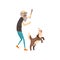 Grandfather playing with his dog with a stick, lonely senior man and his animal pet vector Illustration on a white