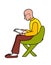 The grandfather in profile is sitting in a chair and reading a newspaper.