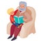 Grandfather is sitting in a cozy large armchair and sitting on his lap inside, to whom he is reading a book of fairy