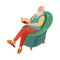 Grandfather sitting on the green armchair and reading book. Vector illustration in flat cartoon style.