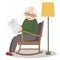 Grandfather sitting in rocking chair. Old man leisure time. Grandpa reading newspaper. Cute senior man at home. Vector