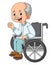 The grandfather is sitting on the wheelchair and hand waving