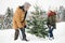 Grandfather and small girl getting a Christmas tree in forest.