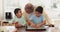 Grandfather, talking or children baking in kitchen as a happy family with siblings learning cooking recipe. Cookies