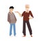 Grandfather talking to unhappy teenage grandson, vector illustration isolated.